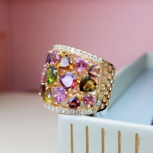 Multi-Tourmaline and Diamond Band Ring in 14K Gold