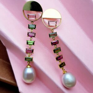Multi-Tourmaline and Pearl drop Earrings in 18K Gold, Giri Collections