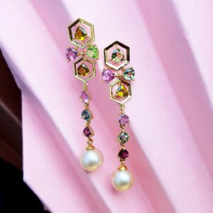 Multi-Tourmaline and Pearl drop Earrings in 18K Gold, Giri Collections