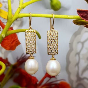 Pearl Drop Jaali Hook Earrings in 18K Gold, Giri Collections