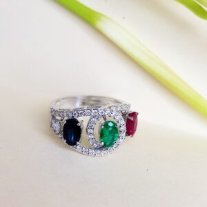 Emerald, Ruby, Sapphire and Diamond Ring in 18K White Gold, Giri Collections