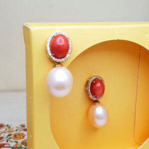 Coral and Diamond Earrings with Pearls in 18K Gold, Giri Collections