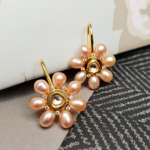 Pink Pearl, Zircon and Kundan Hook Earrings in 14K Gold, Giri Collections
