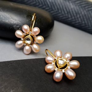 Pink Pearl, Zircon and Kundan Hook Earrings in 14K Gold, Giri Collections